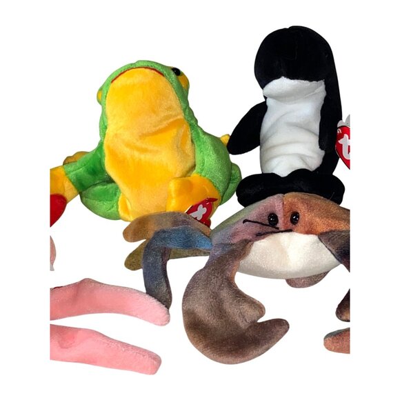 Ty Beanie Babies Lot Of 5 Plush Toys Crab Frog Octopus Lobster Whale Vintage Col - Picture 2 of 11
